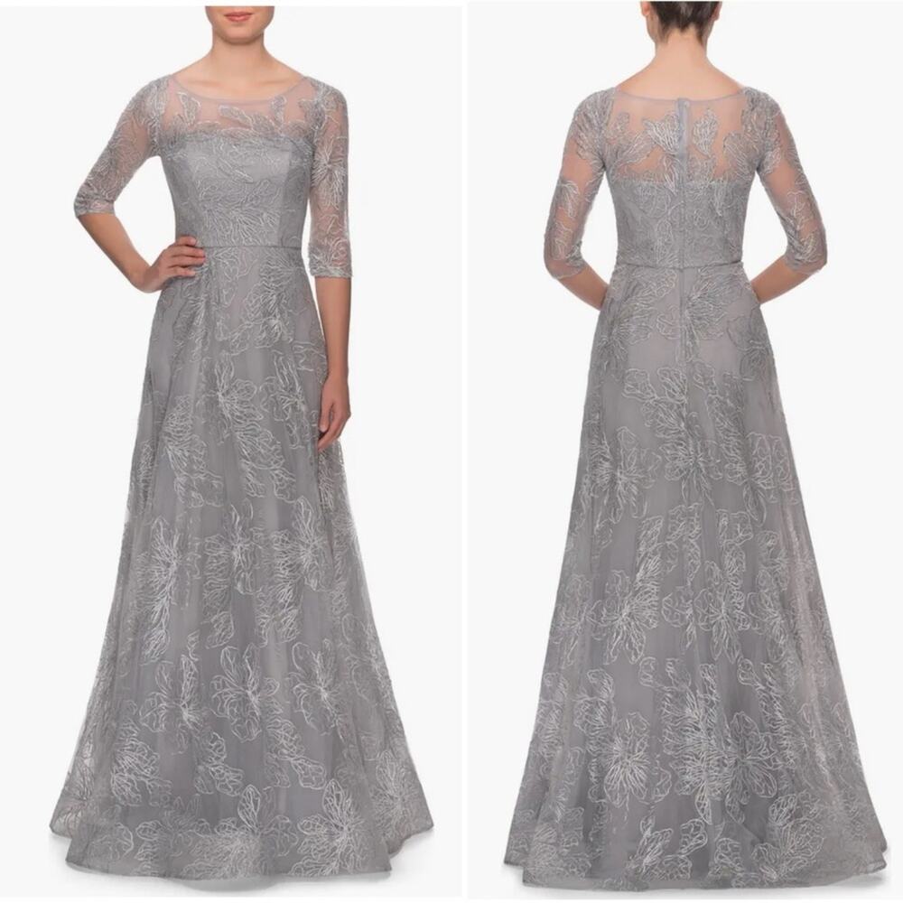 NWT NEW La Femme A-line Lace Sequin Gown with Sheer Scoop Neckline Size 18